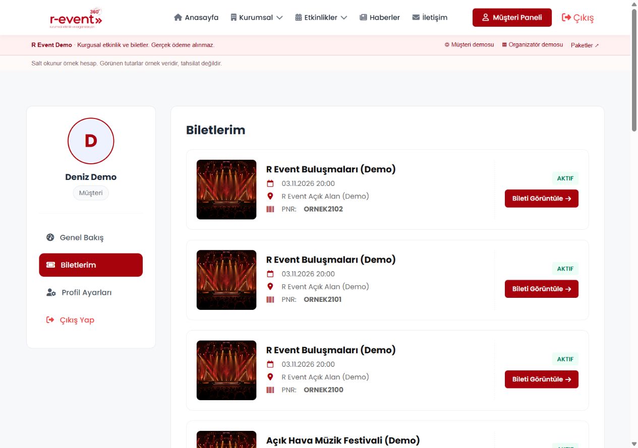 Biletlerim ekranı · gerçek demo görüntüsü